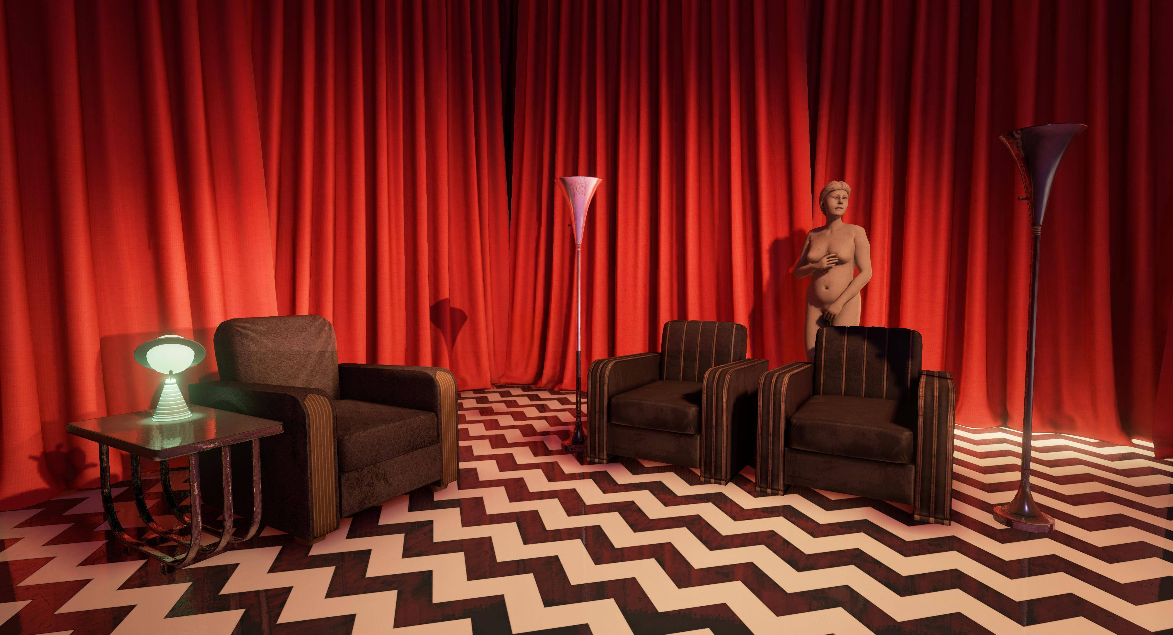 Twin Peaks, zigzag patterned floor, dark armchairs, 4K Desktop Wallpaper