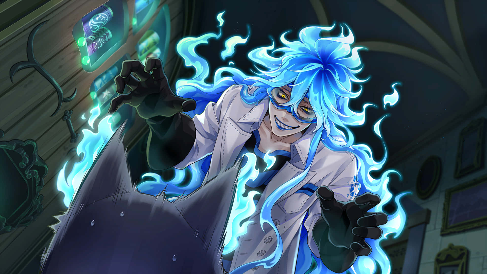 Twisted Wonderland, blue flame magic, blue-haired anime scientist, Full HD Desktop Wallpaper