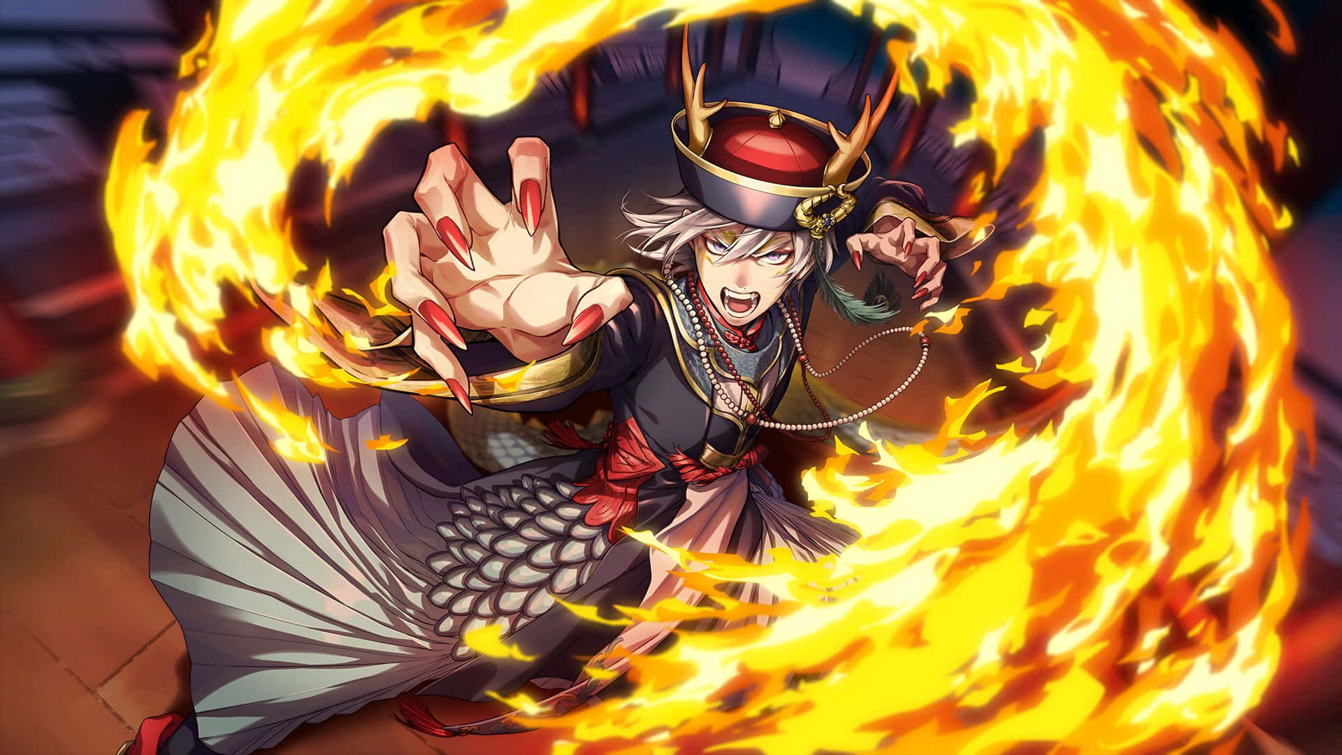 Twisted Wonderland, flaming magic performance, silver-haired anime character, Full HD Desktop Wallpaper