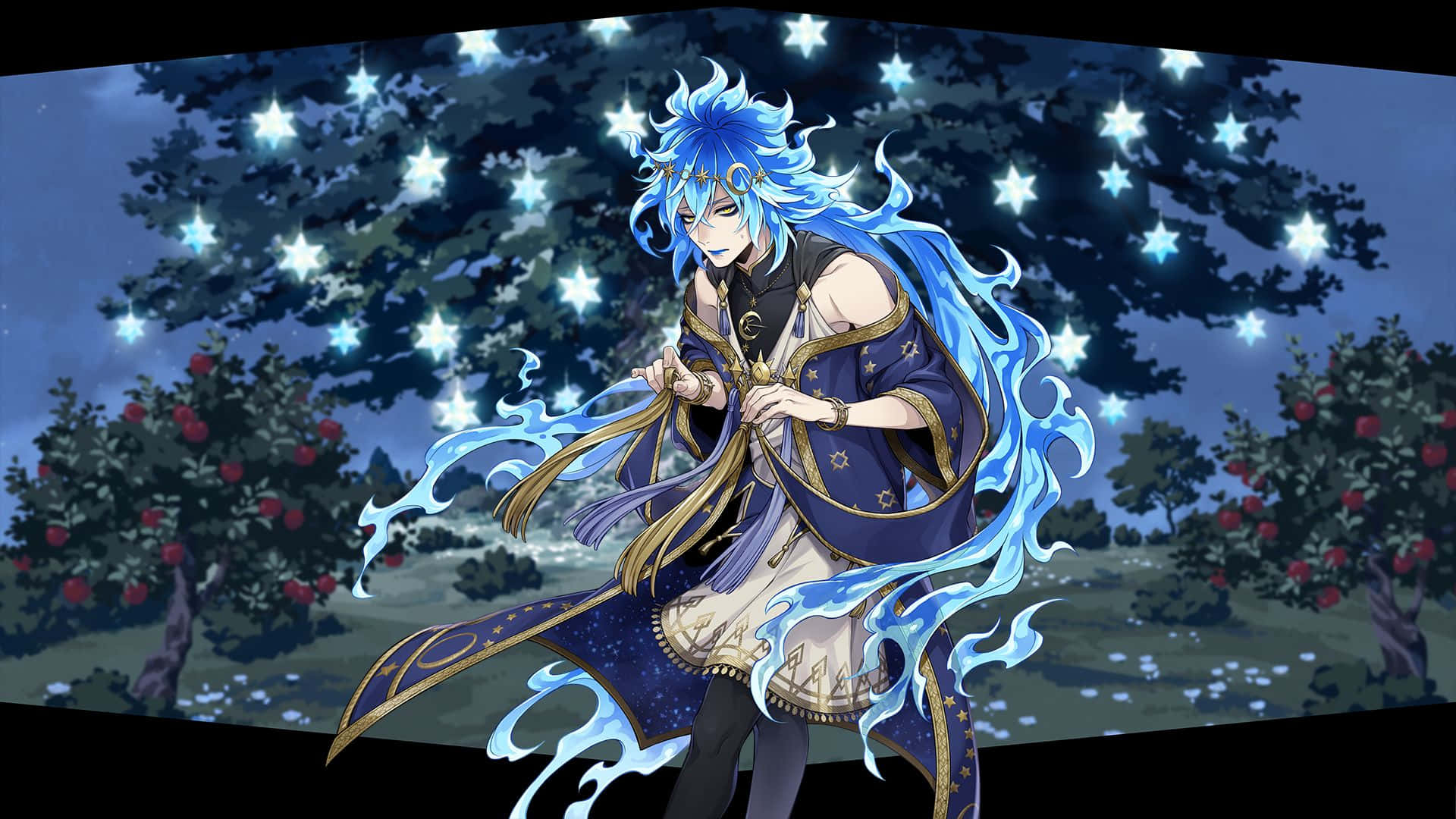 Twisted Wonderland, blue-haired anime mage, starry night orchard, Full HD Desktop Wallpaper