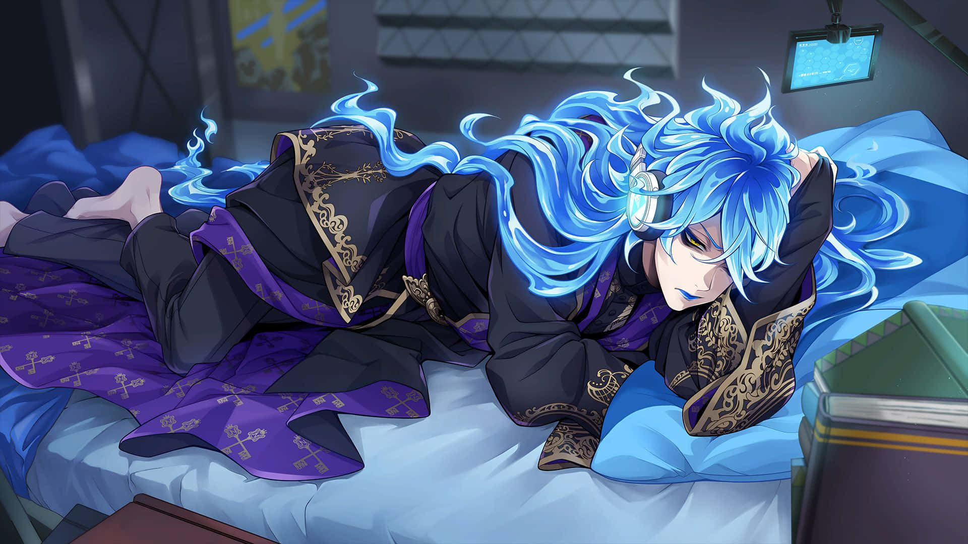 Twisted Wonderland, blue flame hair, black and purple robes, Full HD Desktop Wallpaper