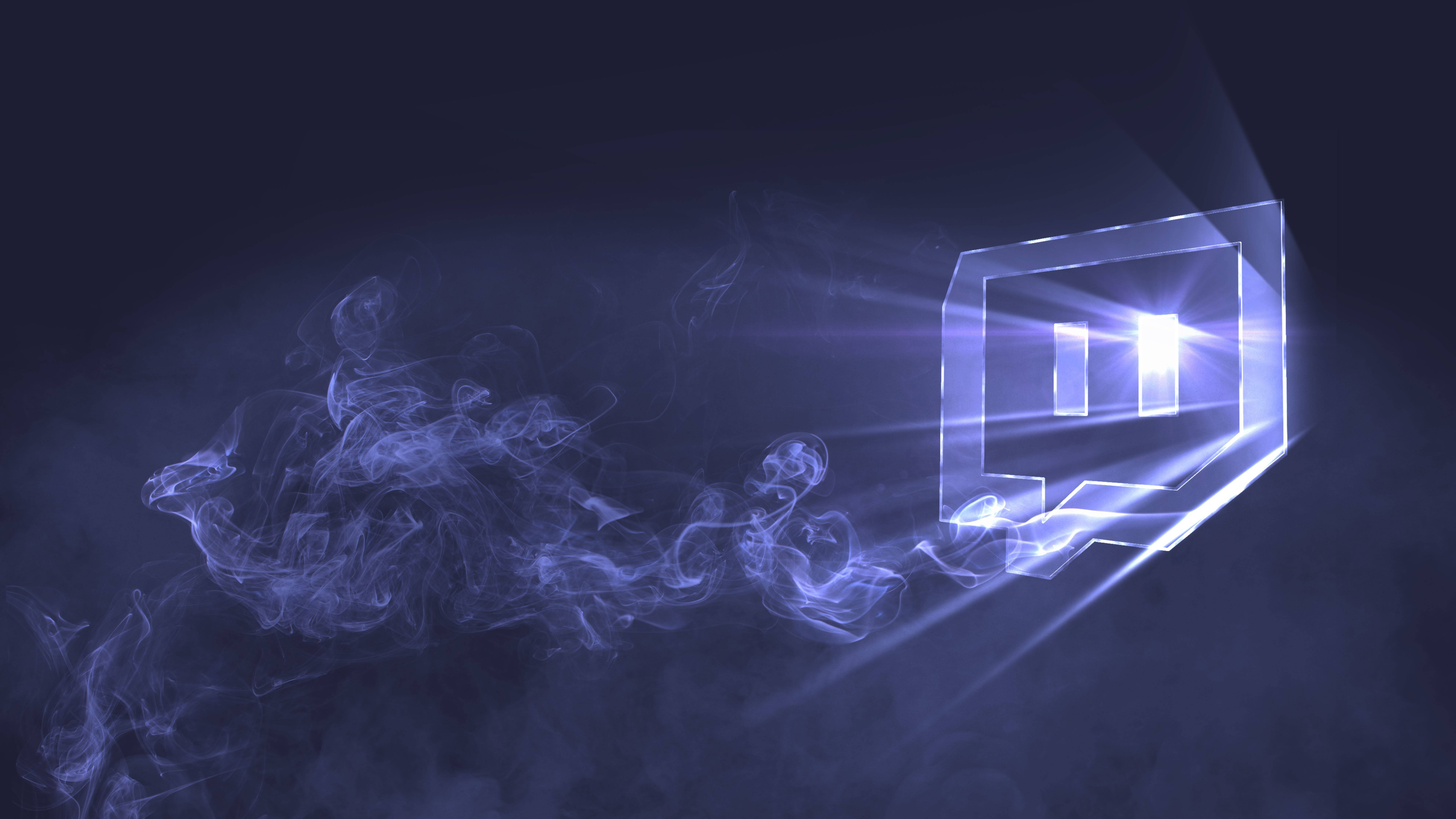 Twitch, glowing blue transparent cube, swirling smoke, 8K Desktop Wallpaper