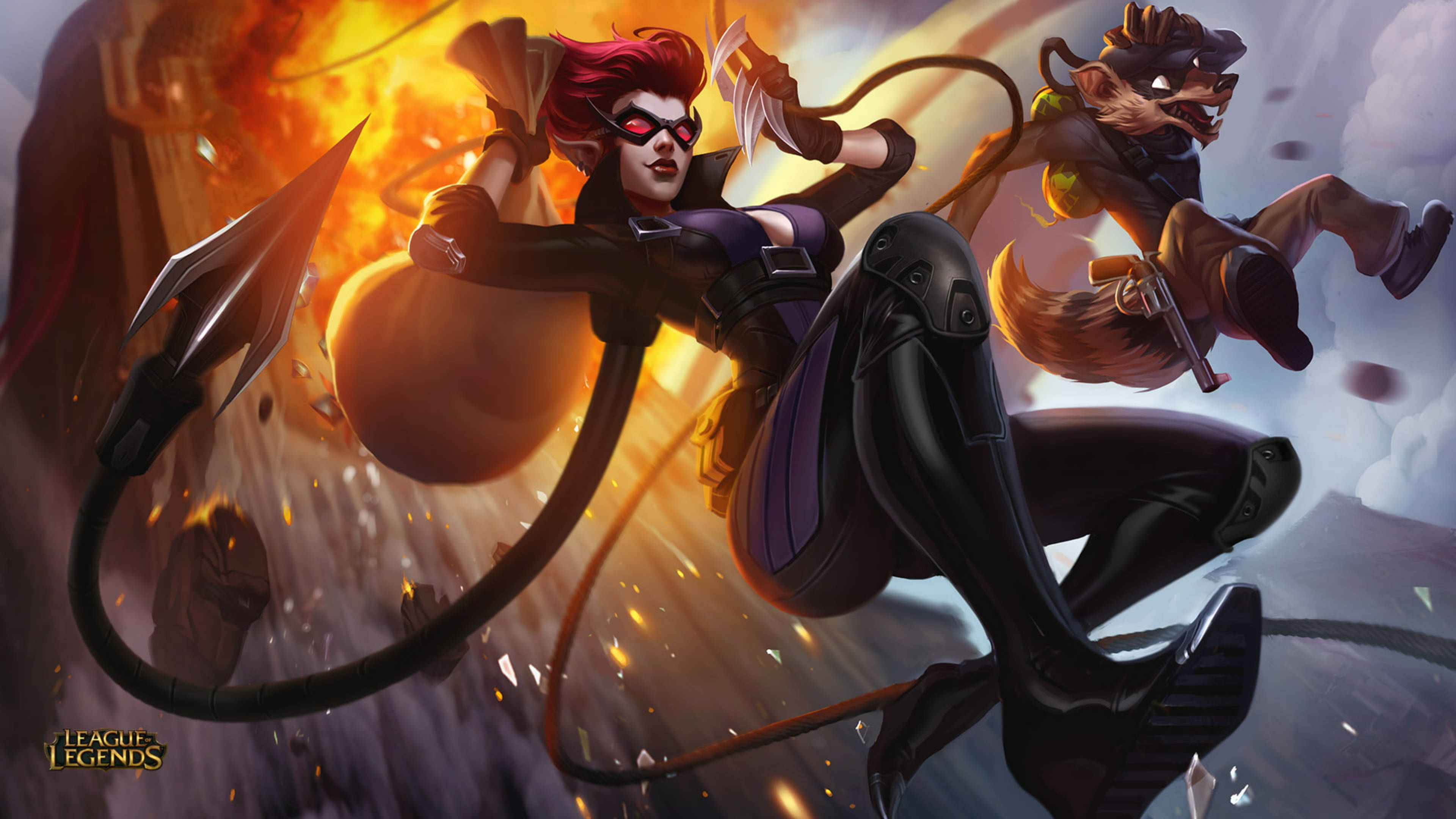 Twitch, fiery red-haired assassin, black and purple gear, 4K Desktop Wallpaper