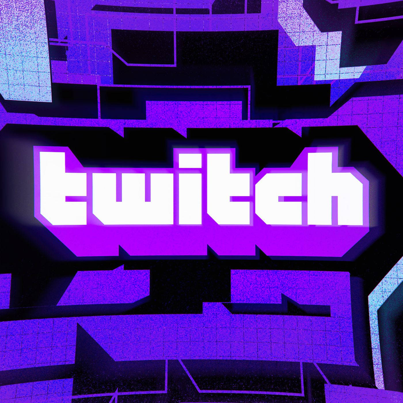 Twitch 1080, glitchy purple and black geometric digital background, bold white 'twitch' logo, HD Desktop Wallpaper