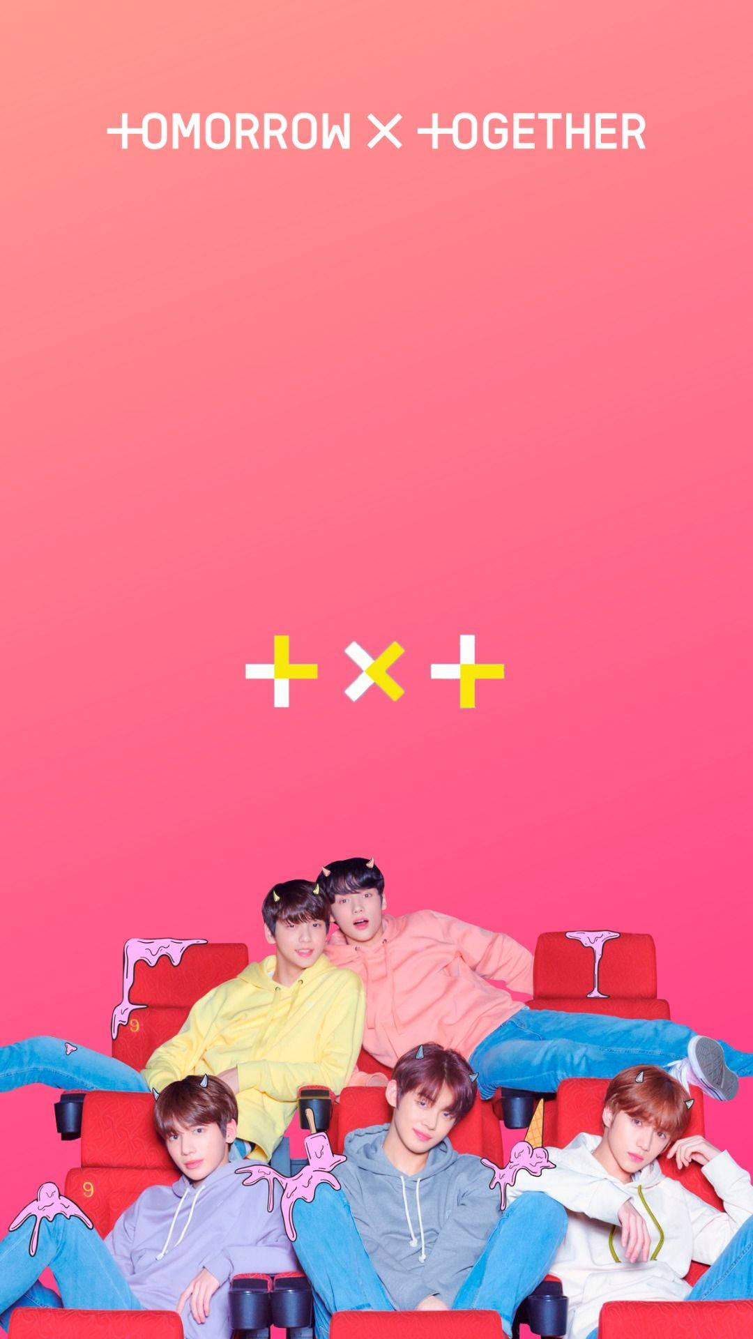 TXT, movie chairs, red cinema seats, Full HD Phone Wallpaper