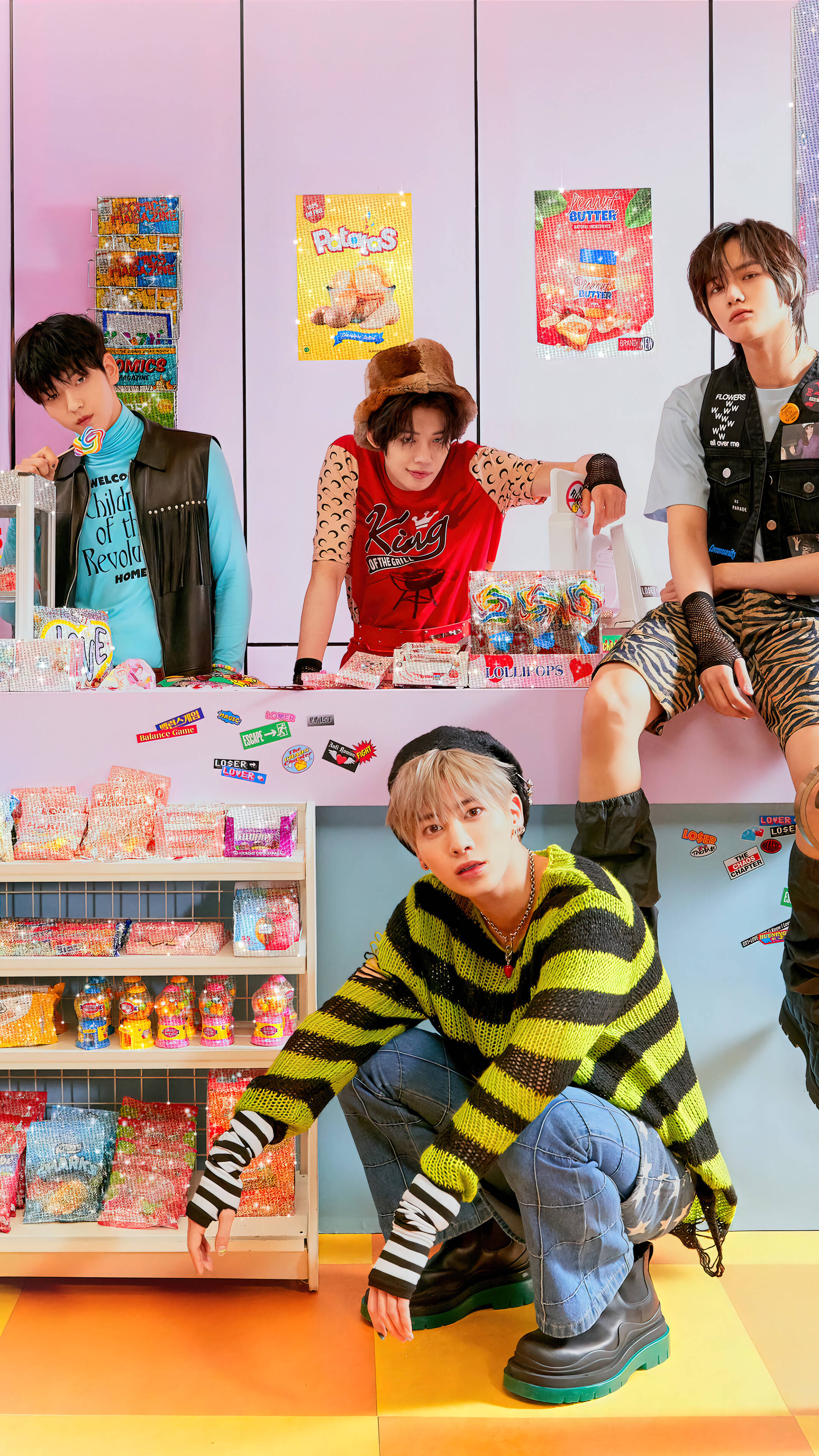 TXT, candy store, shelves of snacks, 4K Phone Wallpaper
