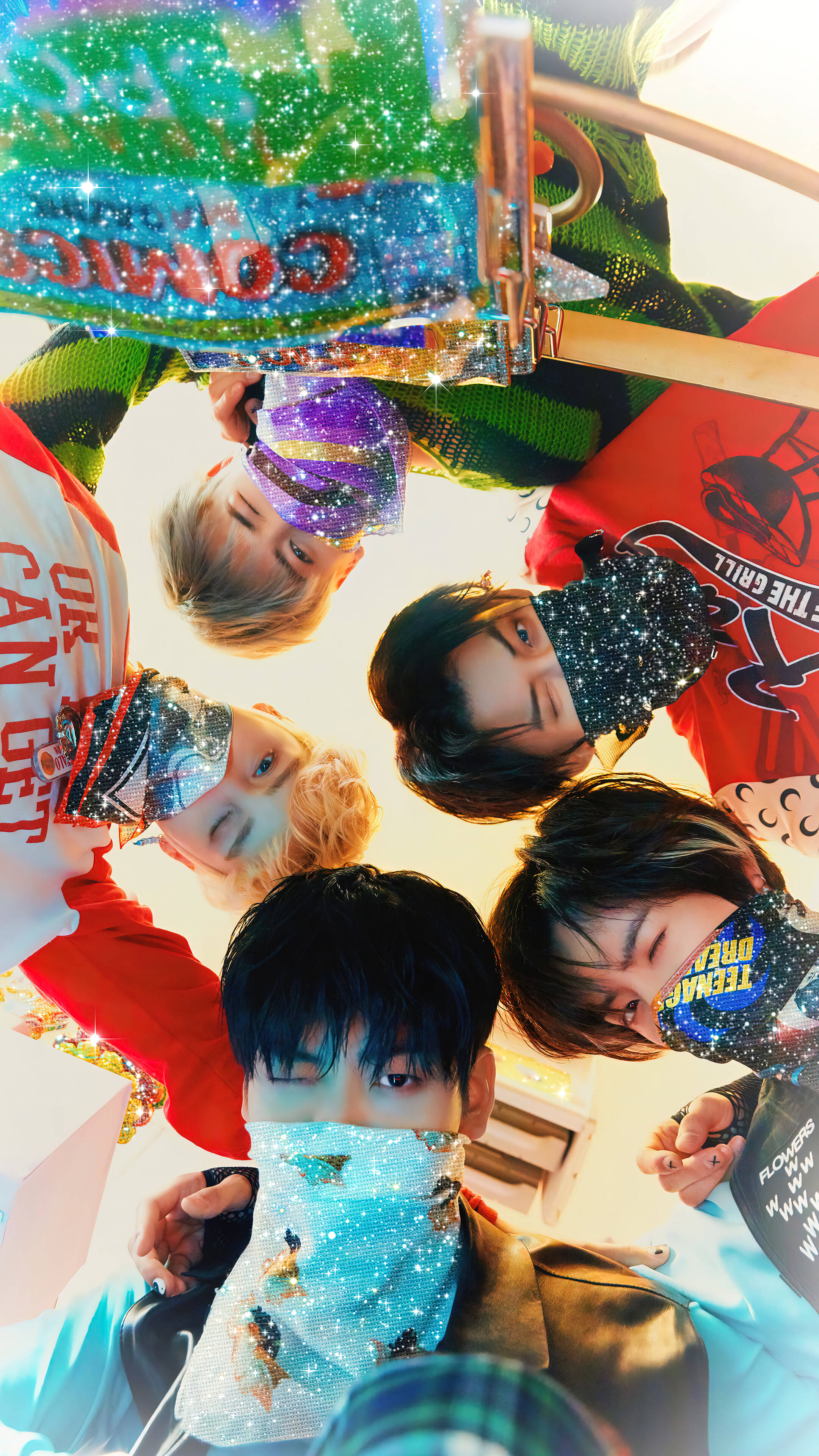 TXT, colorful masks, glittery masks, 4K Phone Wallpaper