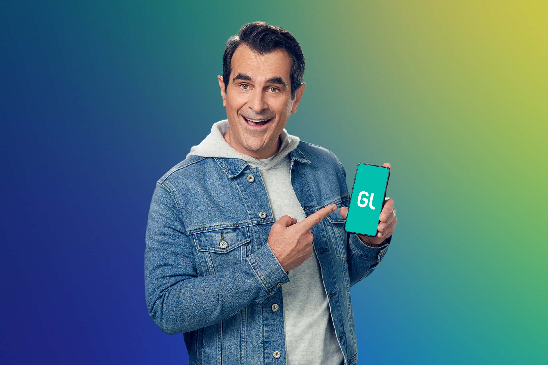 Ty Burrell, denim jacket, smartphone, Full HD Desktop Wallpaper