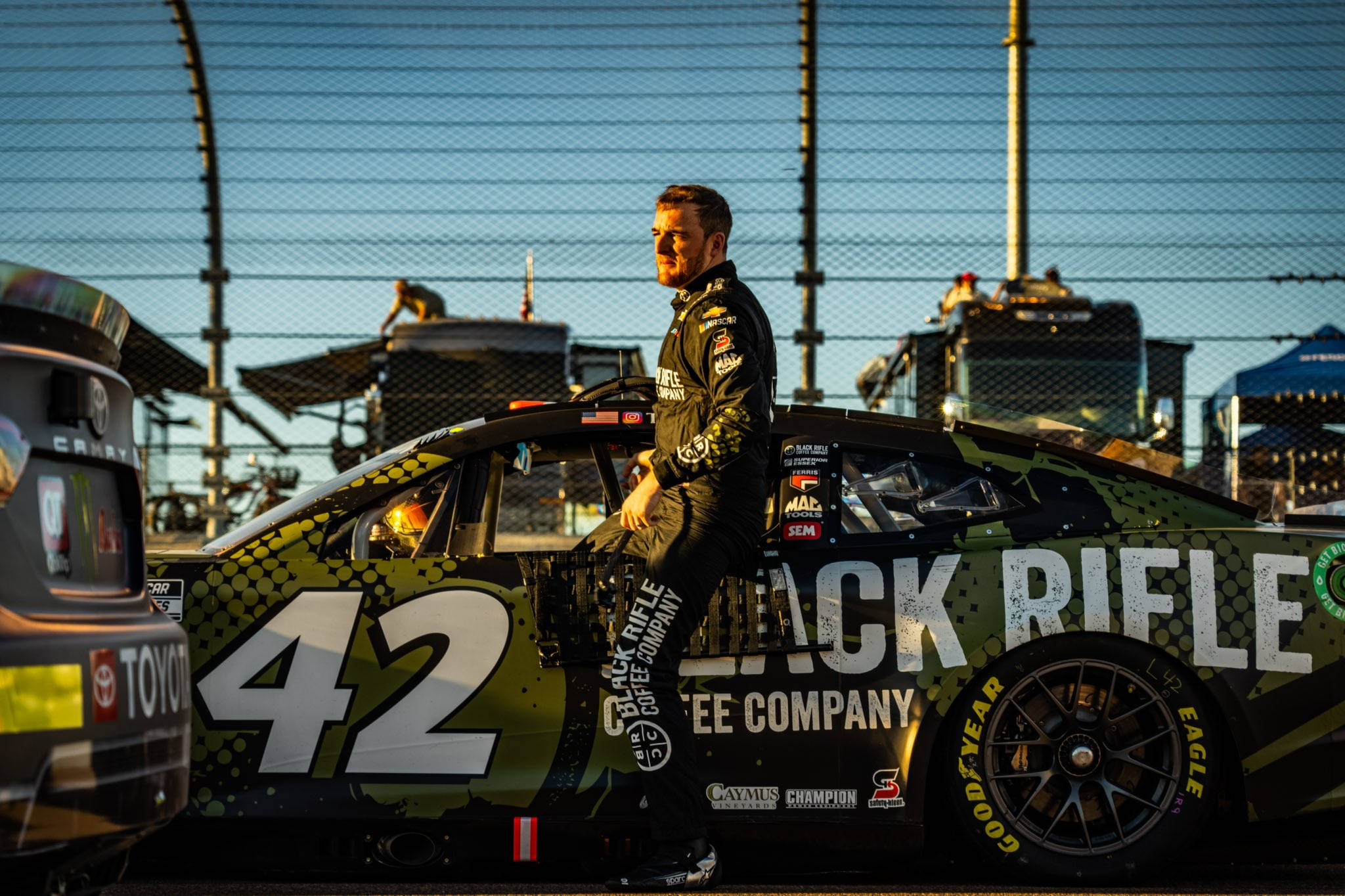 Ty Dillon, camouflage-themed #42 car, dusk, Full HD Desktop Wallpaper