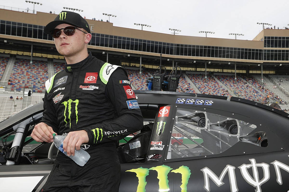 Ty Gibbs, black Monster Energy uniform, race car, SD Desktop Wallpaper