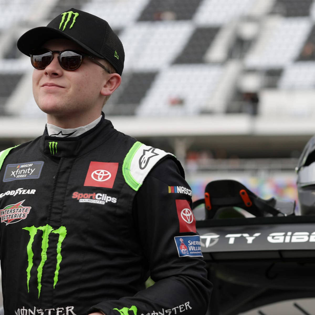 Ty Gibbs, black racing suit, green Monster Energy logos, SD Desktop Wallpaper