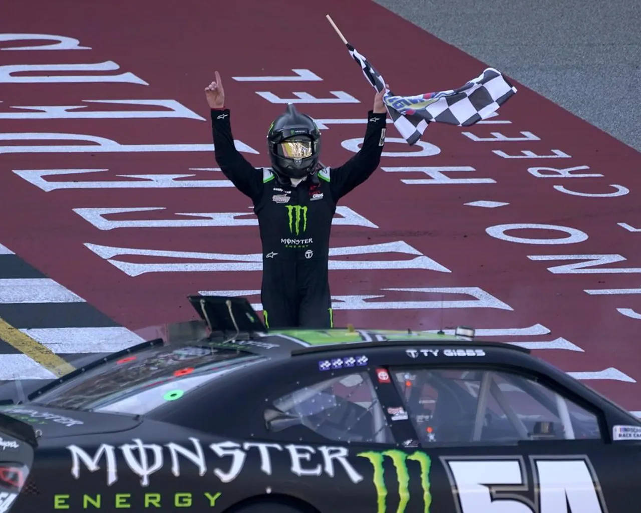 Ty Gibbs, checkered flag, black Monster Energy suit, HD Desktop Wallpaper