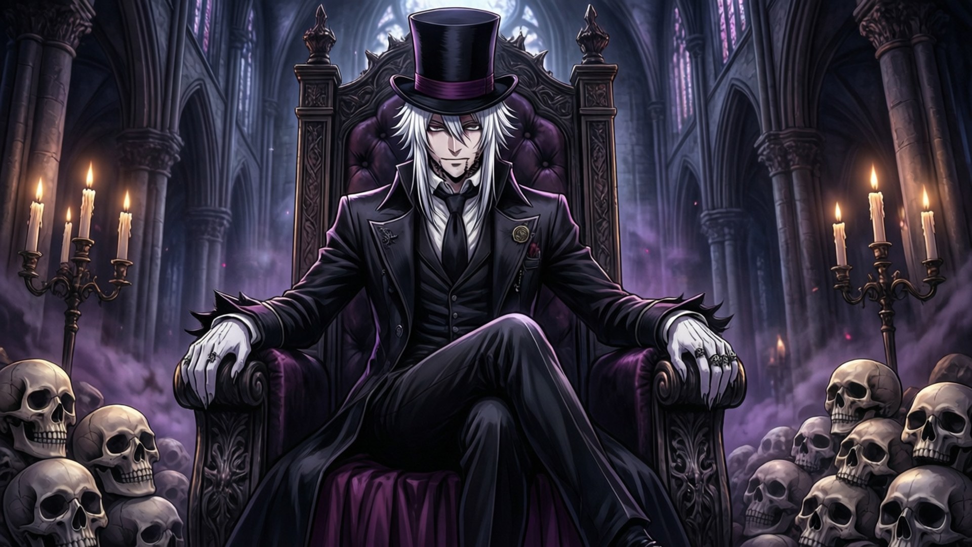 Tyki Mikk, skull throne, candlelit cathedral, Full HD Desktop Wallpaper