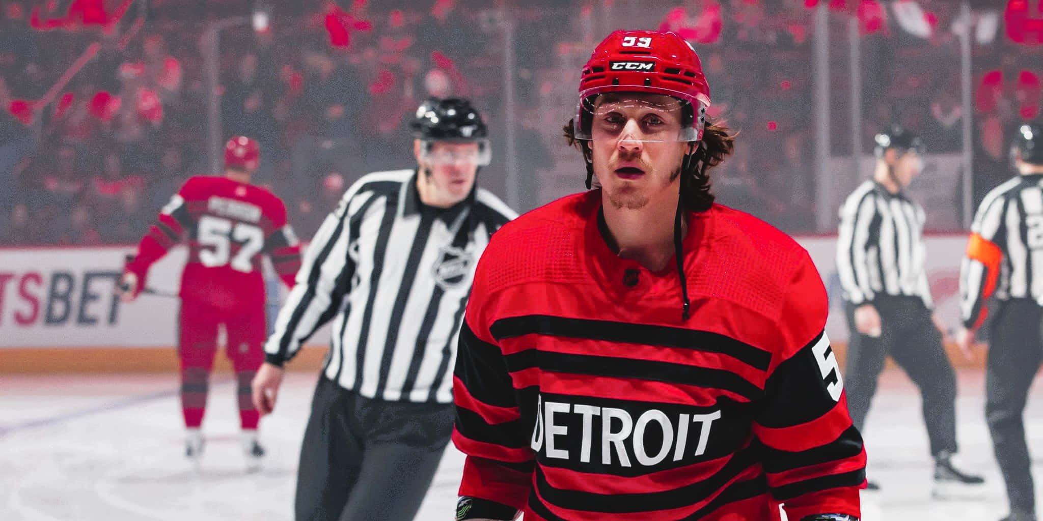 Tyler Bertuzzi, red Detroit jersey, ice, Full HD Desktop Wallpaper