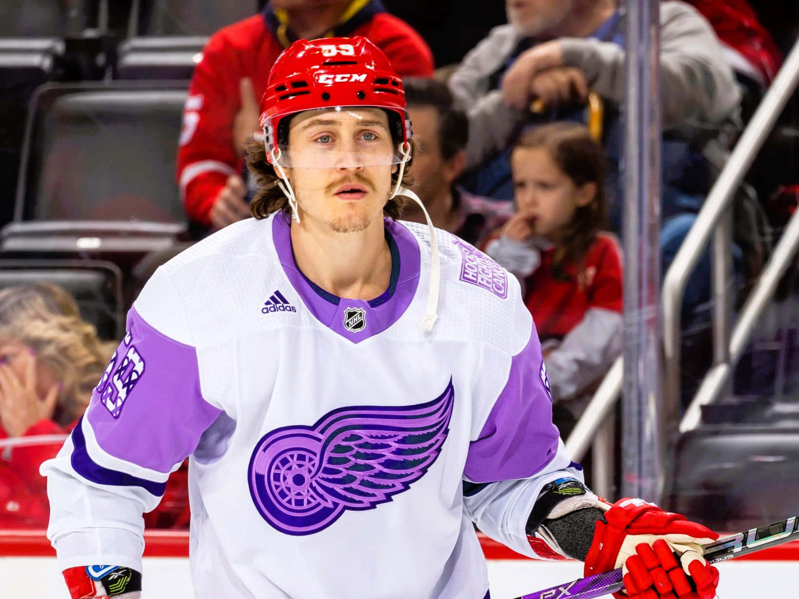 Tyler Bertuzzi, white and purple jersey, winged wheel logo, HD Desktop Wallpaper