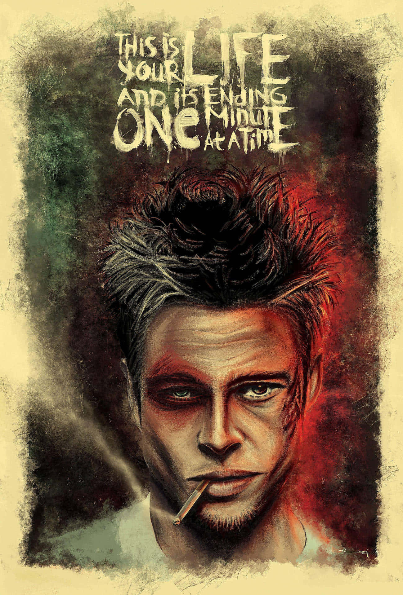 Tyler Durden, cigarette, red and green textured background, Full HD Phone Wallpaper