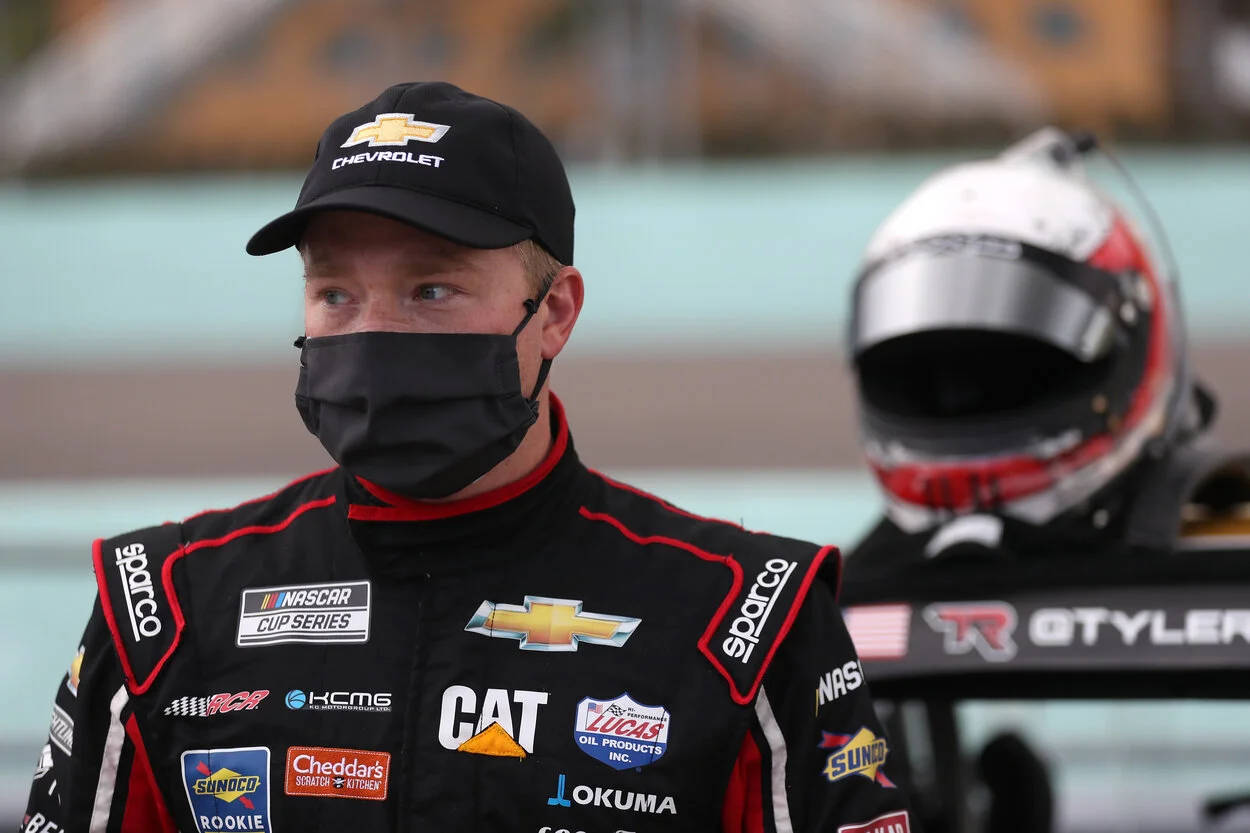 Tyler Reddick, black racing suit, mask, SD Desktop Wallpaper