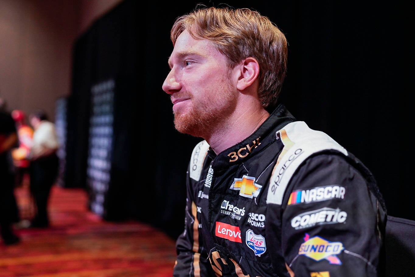Tyler Reddick, black racing suit, sponsor logos, HD Desktop Wallpaper