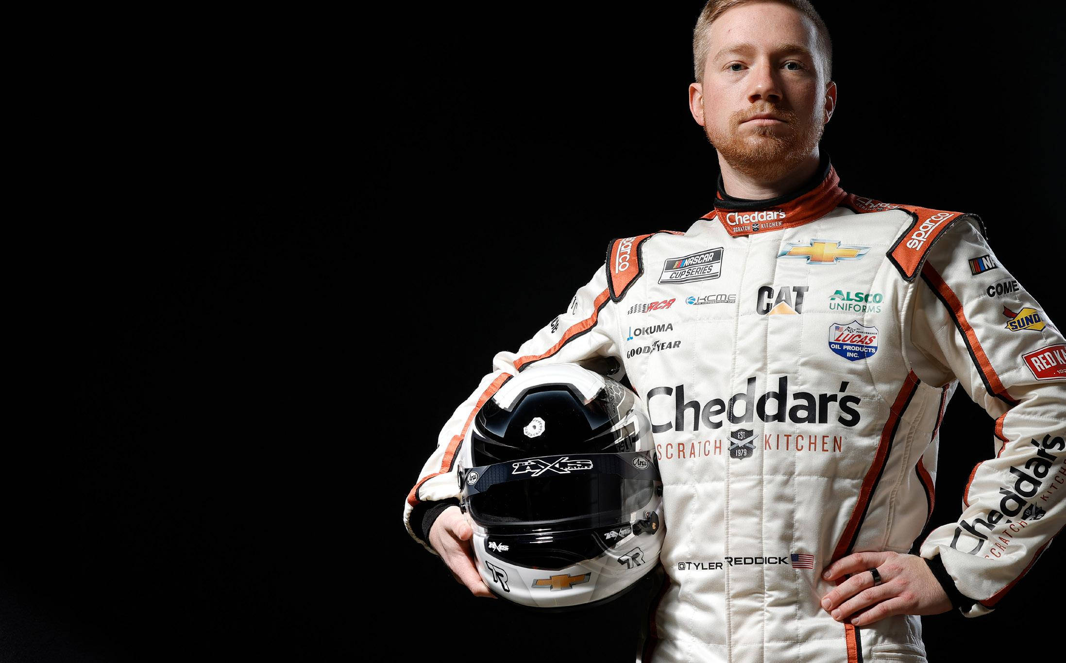Tyler Reddick, white racing suit, helmet, Full HD Desktop Wallpaper