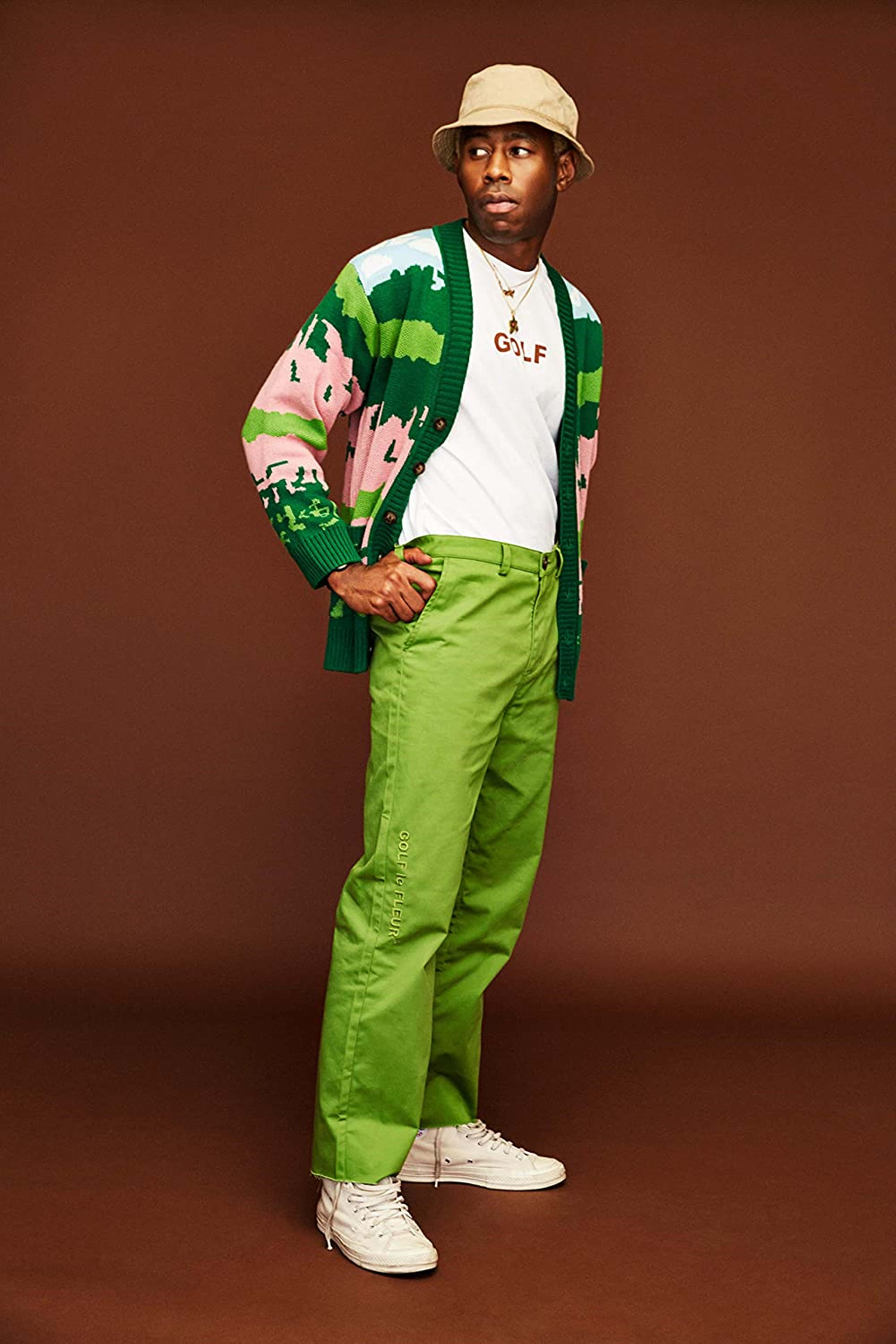 Tyler The Creator, vibrant green and pink patterned cardigan, white tshirt, 5K Phone Wallpaper