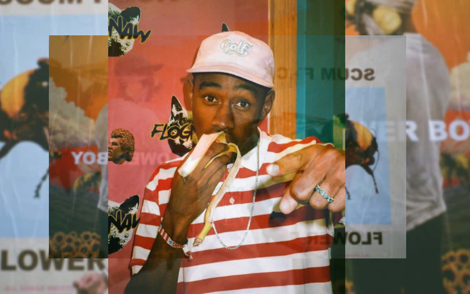 Tyler The Creator, pink cap, red white striped shirt, HD Desktop Wallpaper