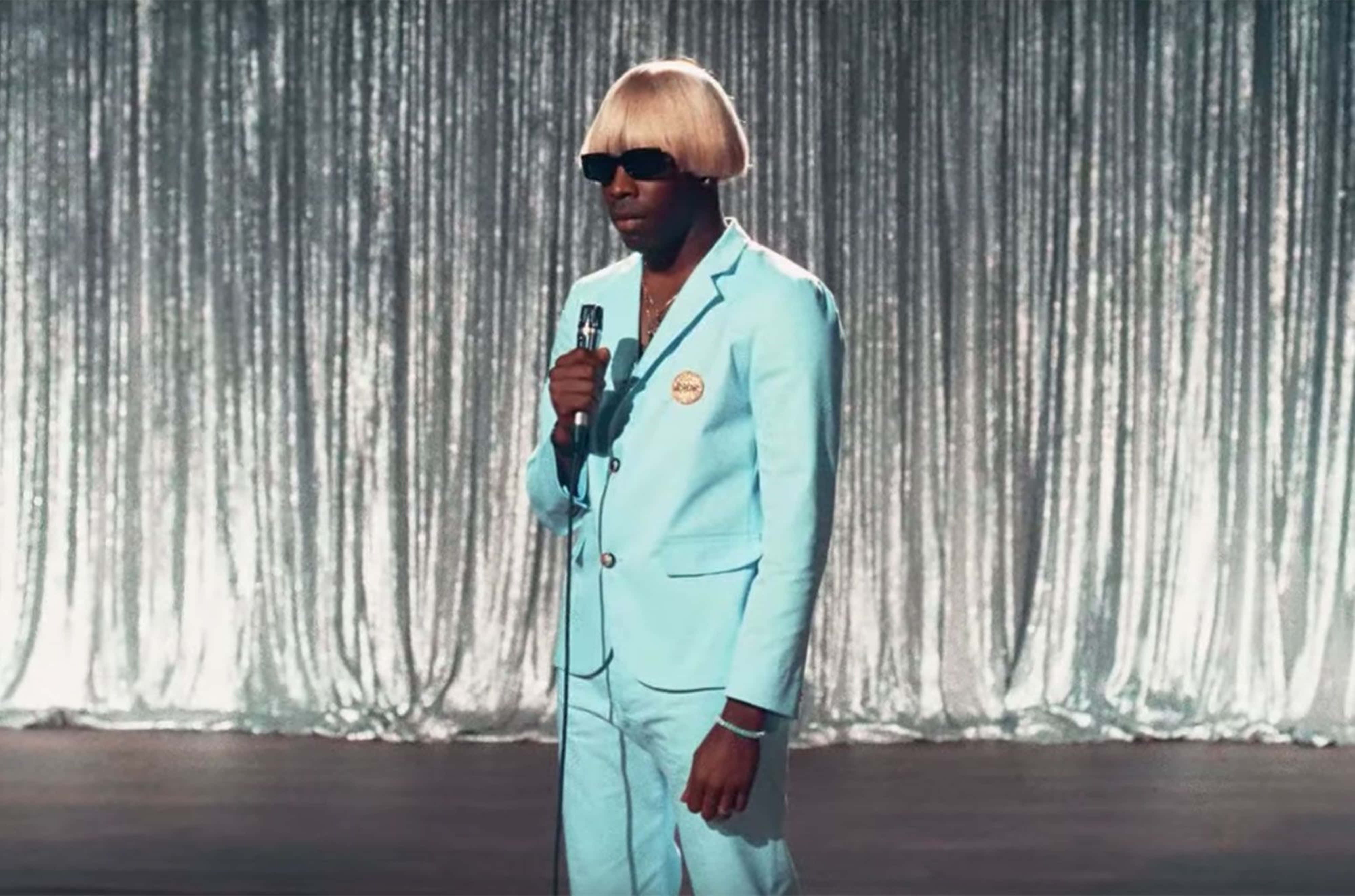 Tyler The Creator, light blue suit, blonde bob wig, 4K Desktop Wallpaper