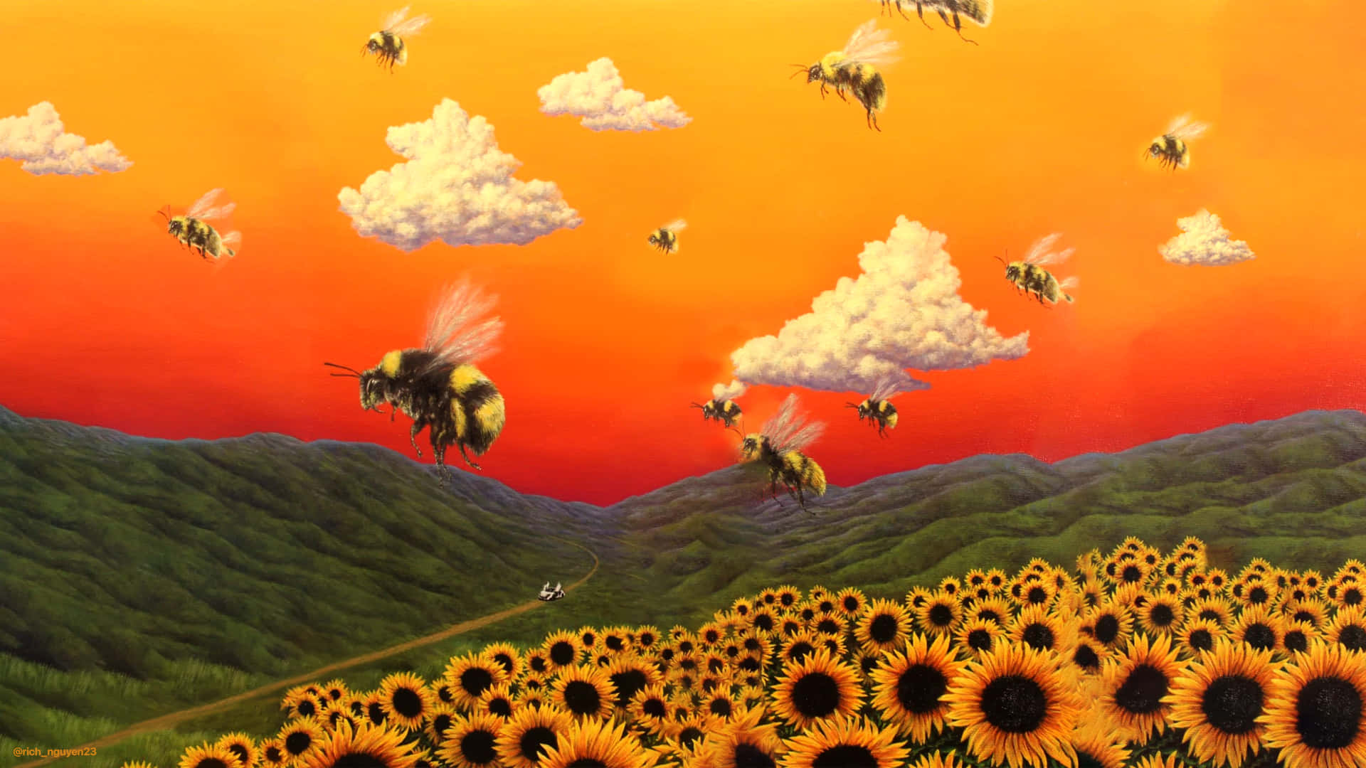 Tyler The Creator, surreal sunset sky, sunflower fields, Full HD Desktop Wallpaper