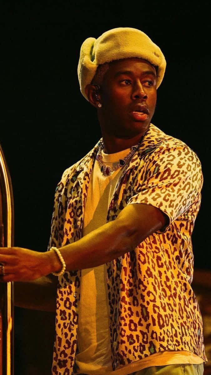 Tyler The Creator, yellow beret, leopard print shirt, SD Phone Wallpaper