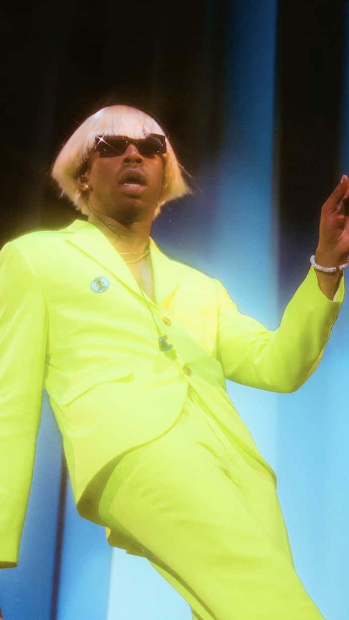 Tyler The Creator, neon yellow suit, white bob wig, SD Phone Wallpaper
