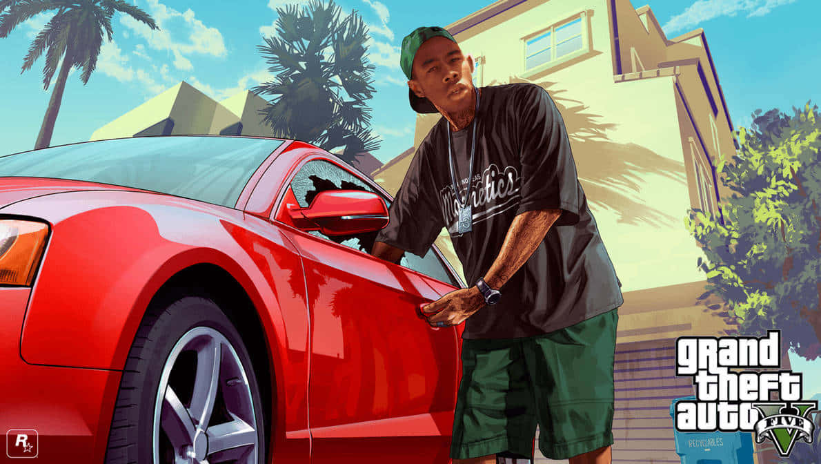 Tyler The Creator, green cap, shiny red sports car, SD Desktop Wallpaper