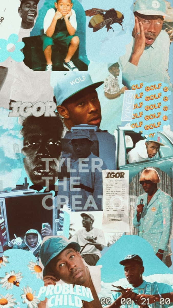 Tyler The Creator, teal background, floral motifs, SD Phone Wallpaper