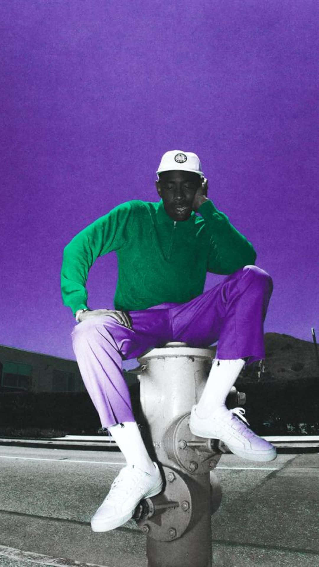 Tyler The Creator, green shirt, purple pants, Full HD Phone Wallpaper