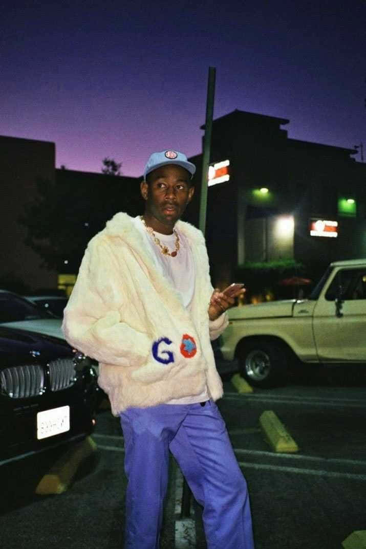 Tyler The Creator, fluffy white jacket, blue pants, SD Phone Wallpaper