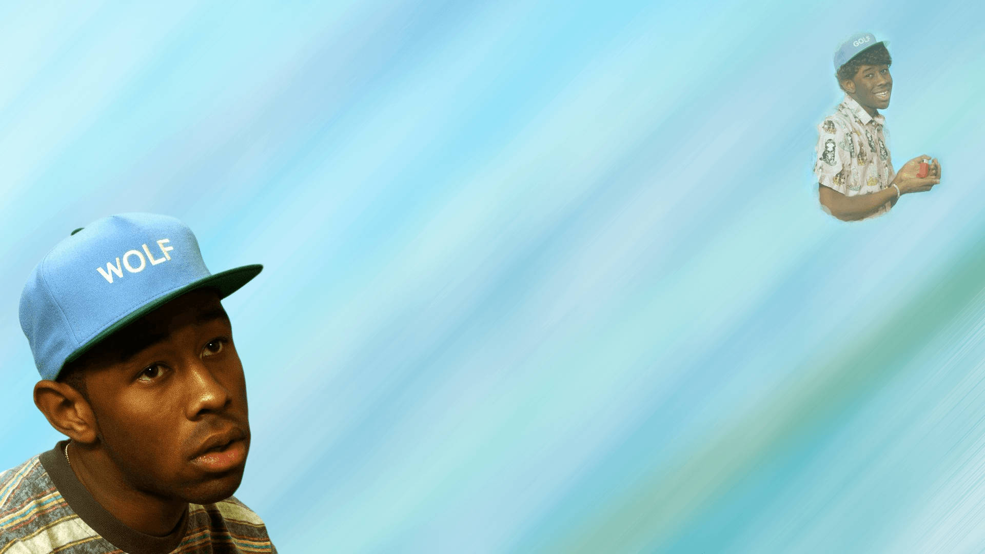 Tyler The Creator, blue 'WOLF' cap, floating version of himself, Full HD Desktop Wallpaper