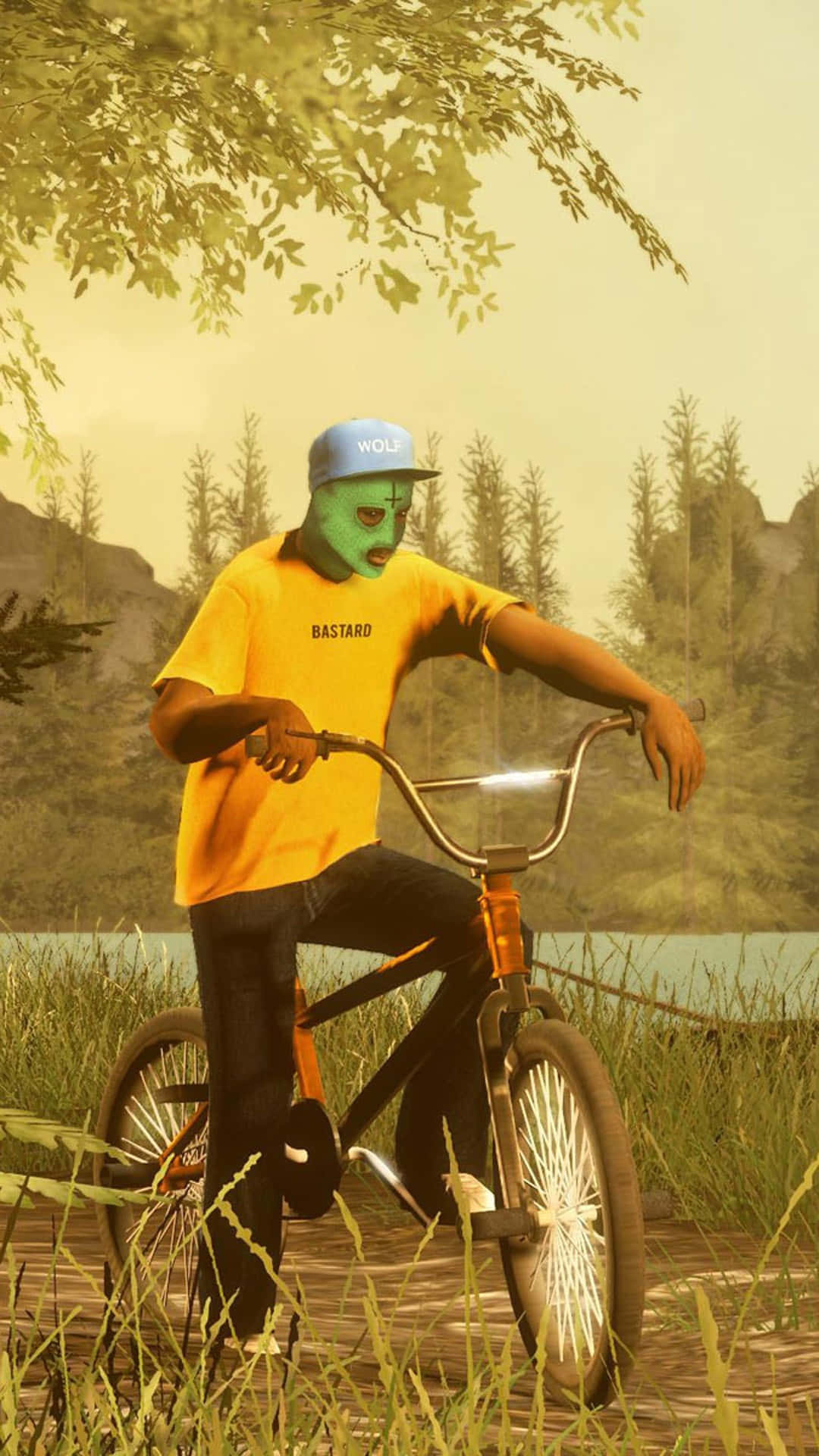 Tyler The Creator, green mask, yellow shirt, Full HD Phone Wallpaper