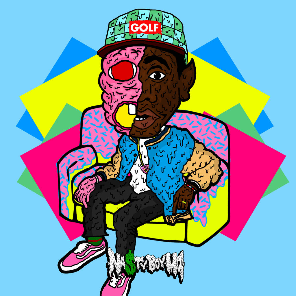 Tyler the Creator, cartoonish expression, half-pink half-human face, SD Desktop Wallpaper