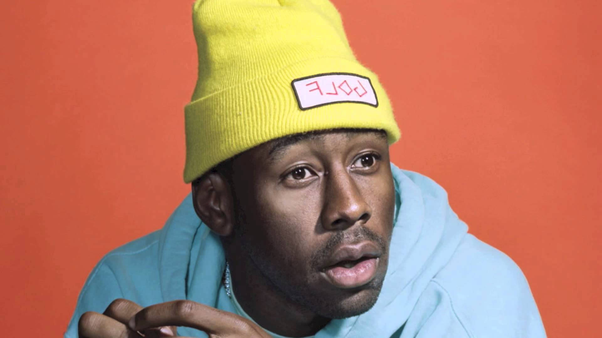 Tyler The Creator, bright yellow beanie, light blue hoodie, Full HD Desktop Wallpaper