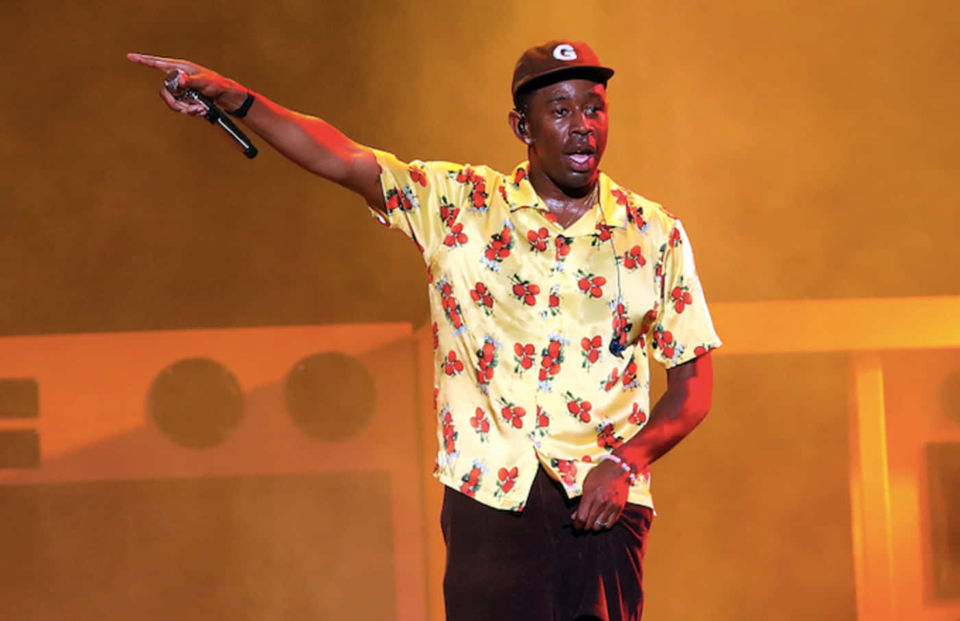 Tyler The Creator, yellow floral shirt, cap, HD Desktop Wallpaper