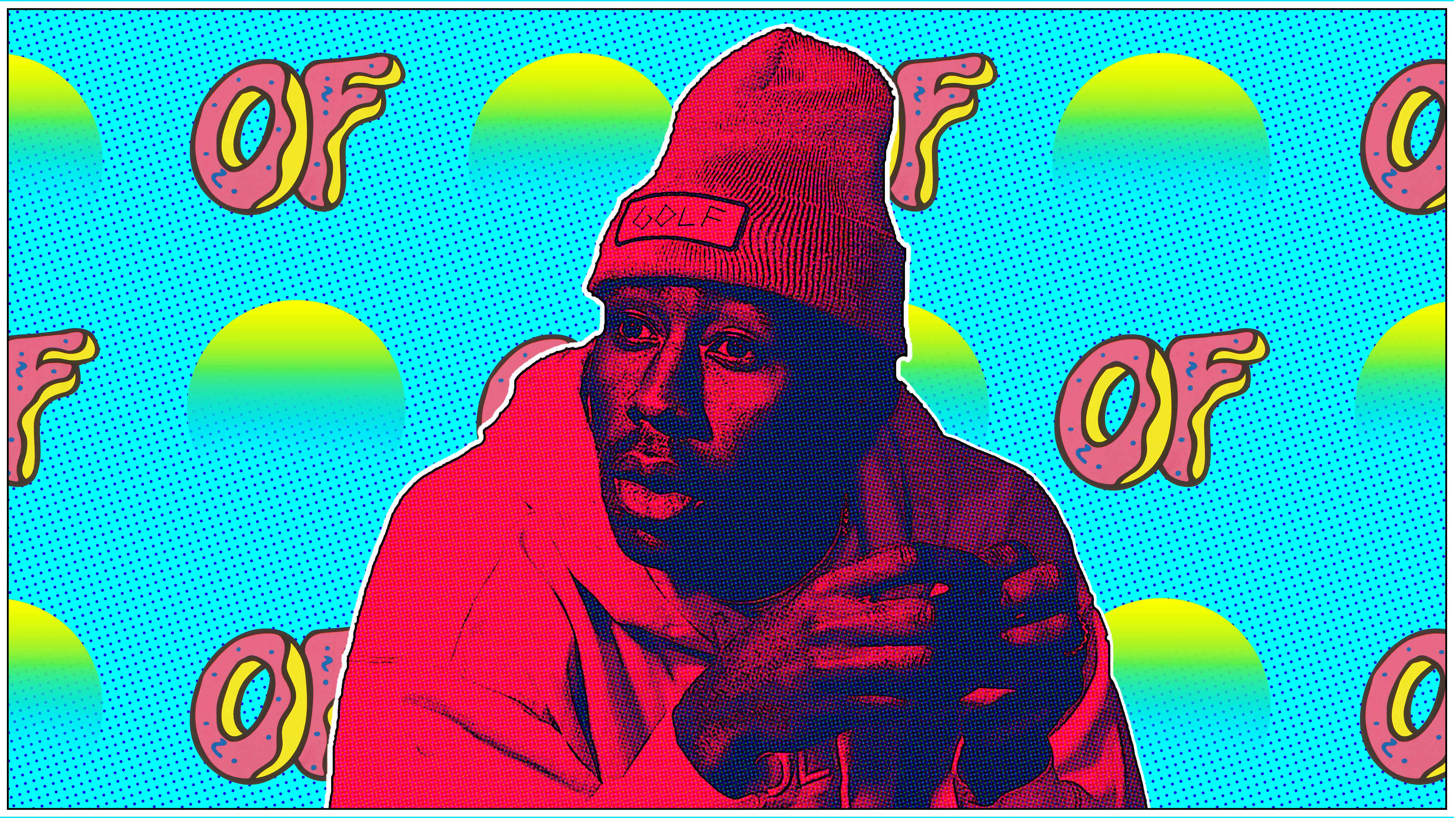 Tyler The Creator, red beanie, vibrant blue background, 4K Desktop Wallpaper
