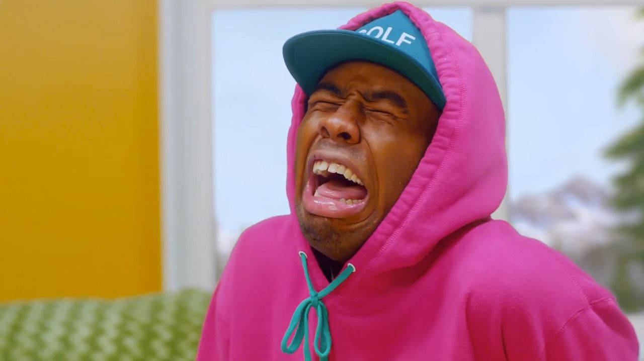 Tyler The Creator, pink hoodie, teal cap, HD Desktop Wallpaper
