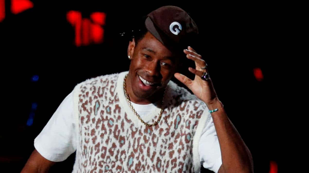Tyler The Creator, leopard-print vest, brown cap, SD Desktop Wallpaper