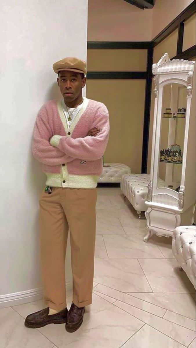 Tyler The Creator, pink cardigan, beige pants, SD Phone Wallpaper