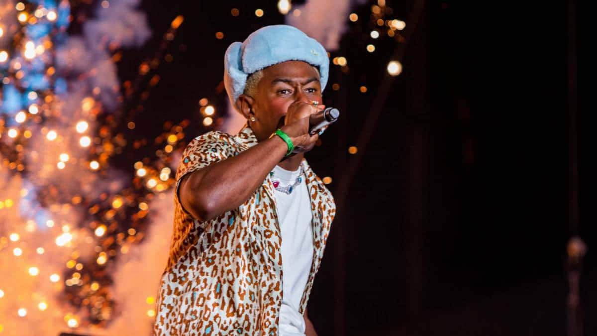 Tyler The Creator, light blue hat, leopard print shirt, SD Desktop Wallpaper