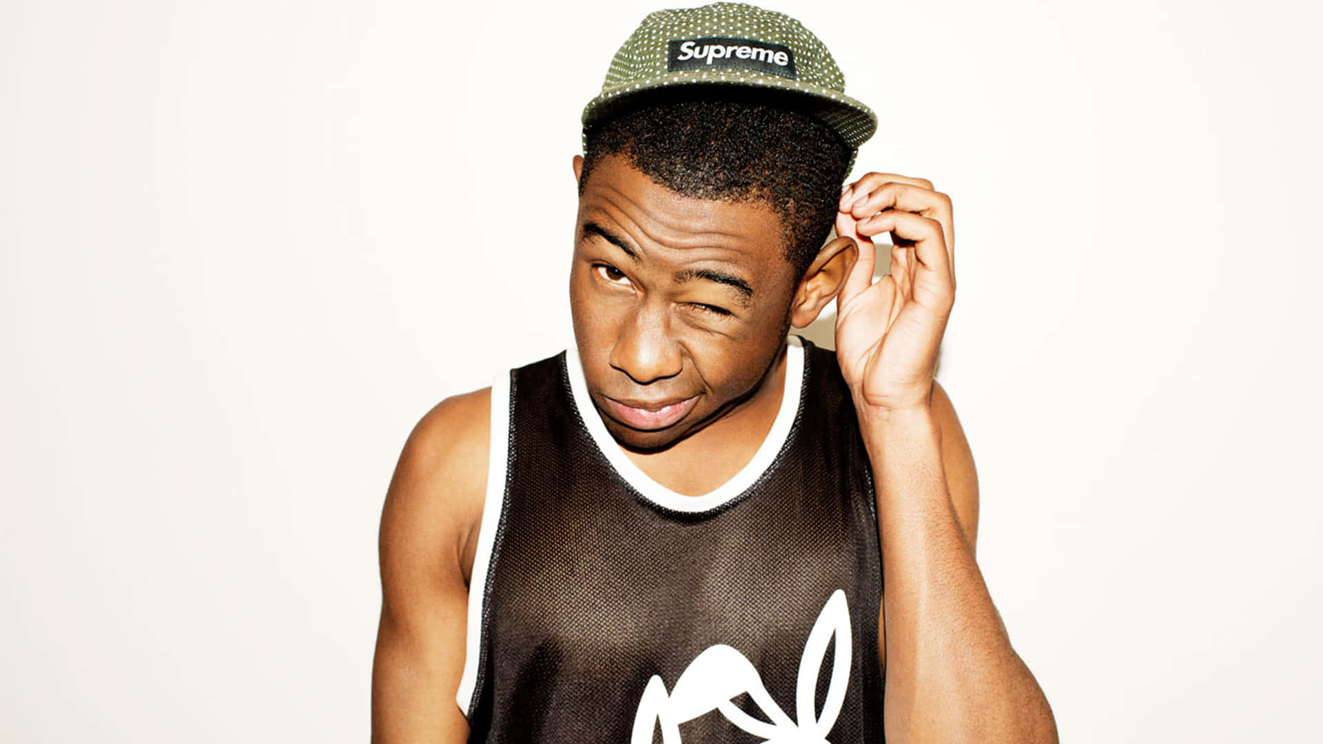 Tyler The Creator, green Supreme cap, black mesh tank top, Full HD Desktop Wallpaper