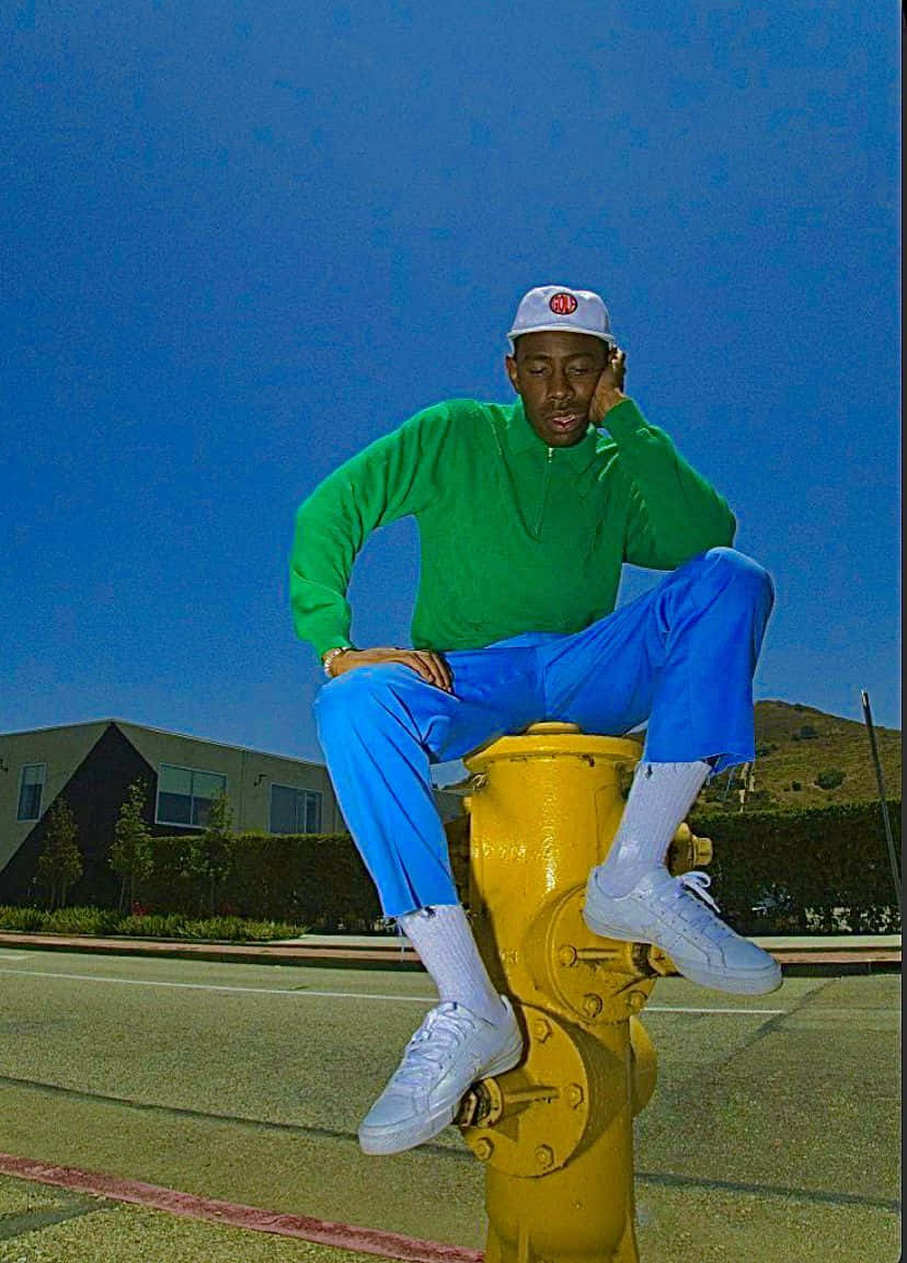 Tyler The Creator, green hoodie, blue pants, SD Phone Wallpaper