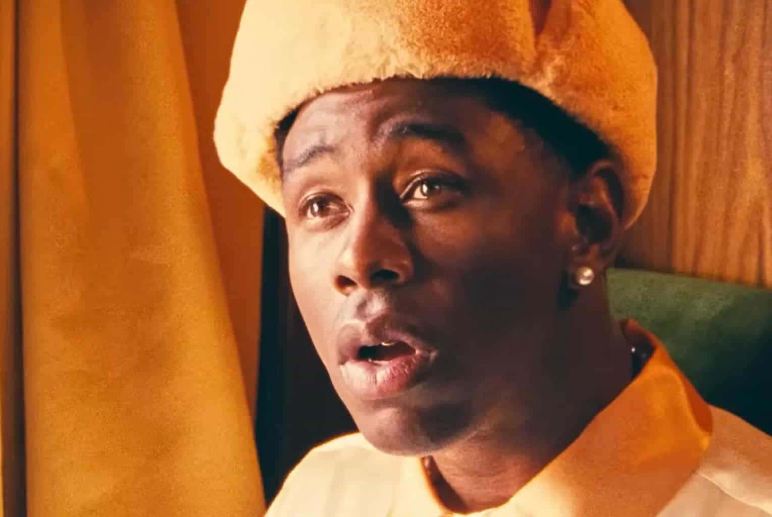 Tyler The Creator, orange getup, fuzzy yellow hat, HD Desktop Wallpaper