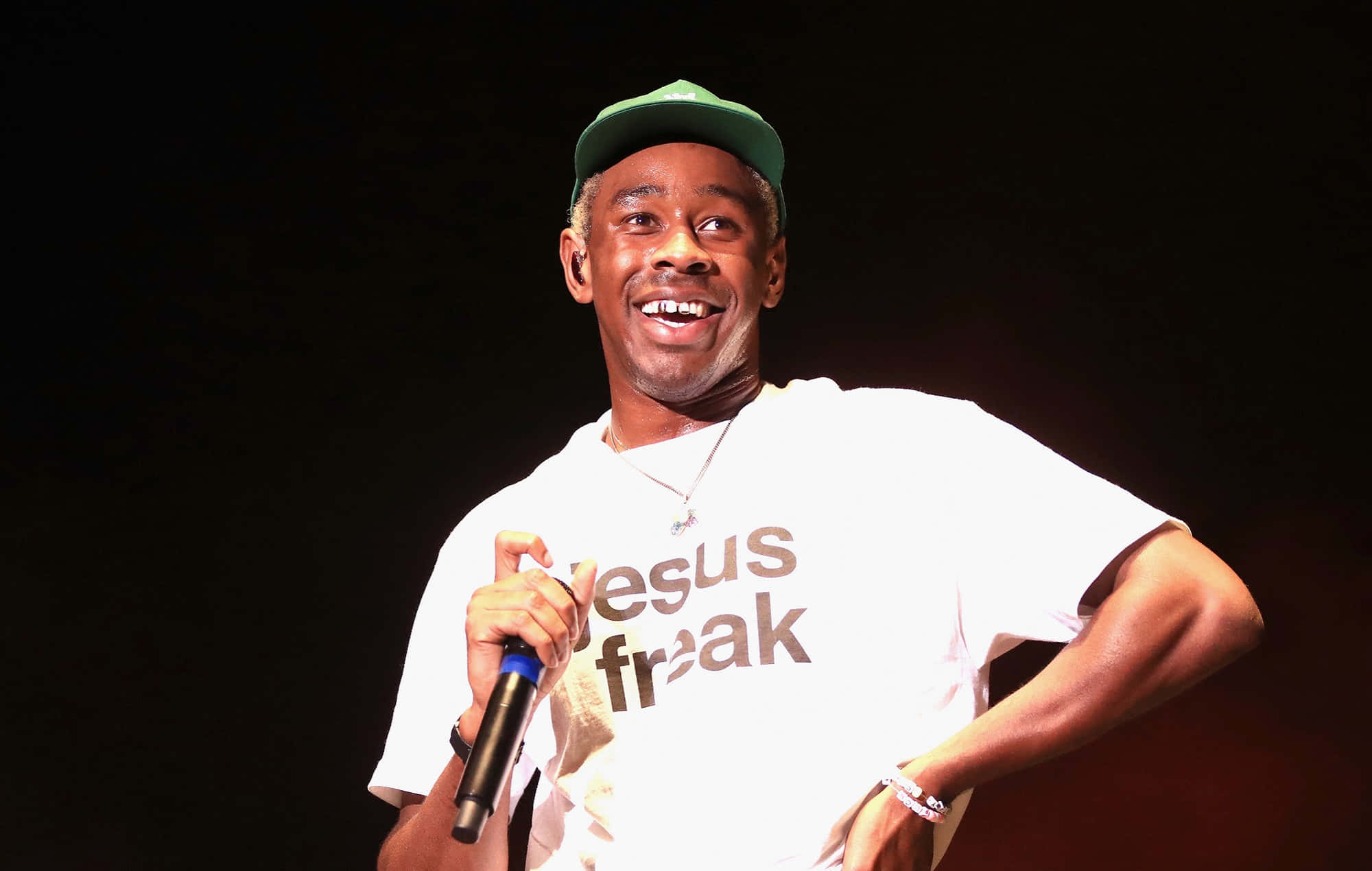 Tyler The Creator, green cap, white t-shirt, Full HD Desktop Wallpaper