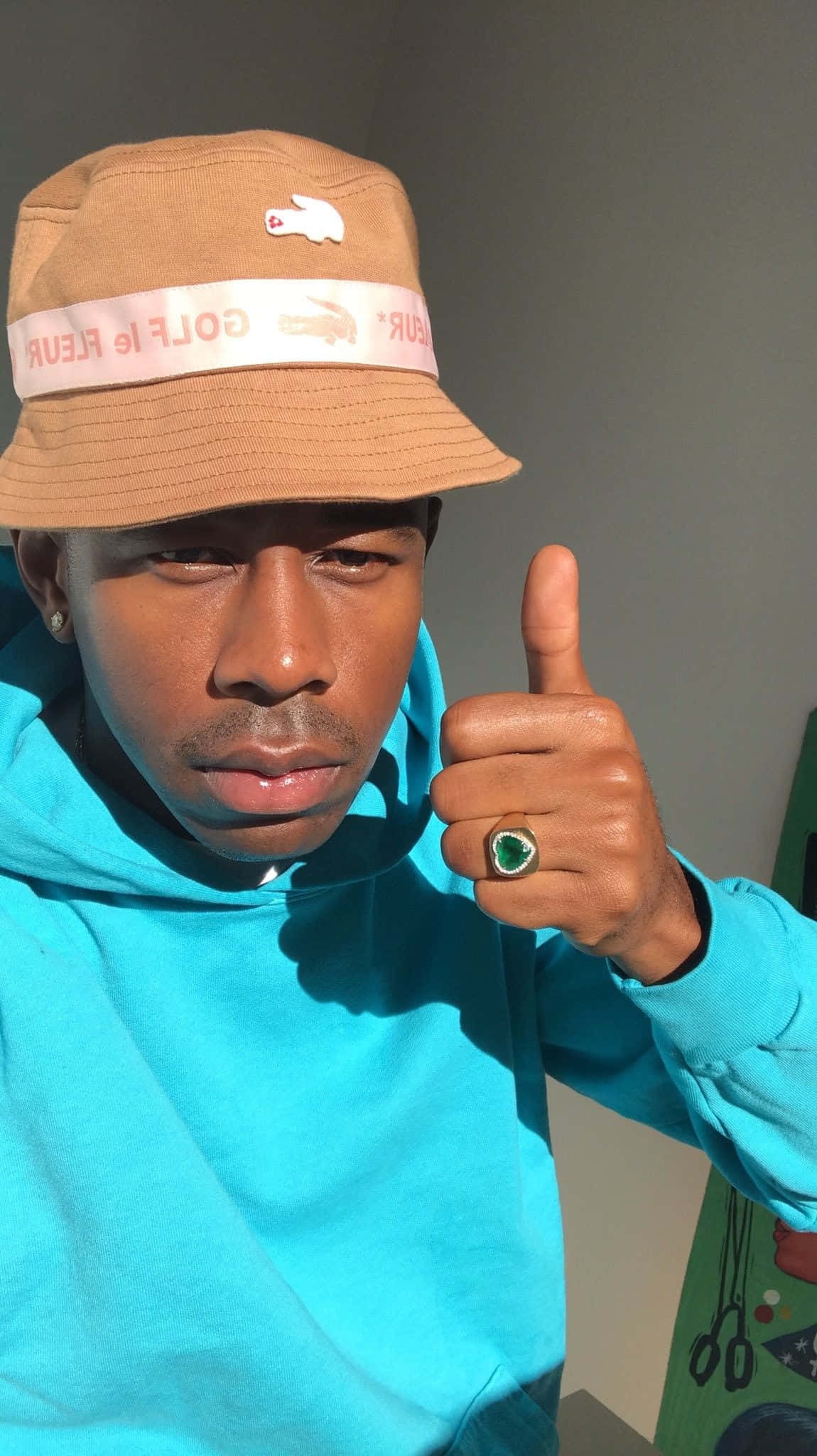 Tyler The Creator, tan bucket hat, bright blue hoodie, Full HD Phone Wallpaper