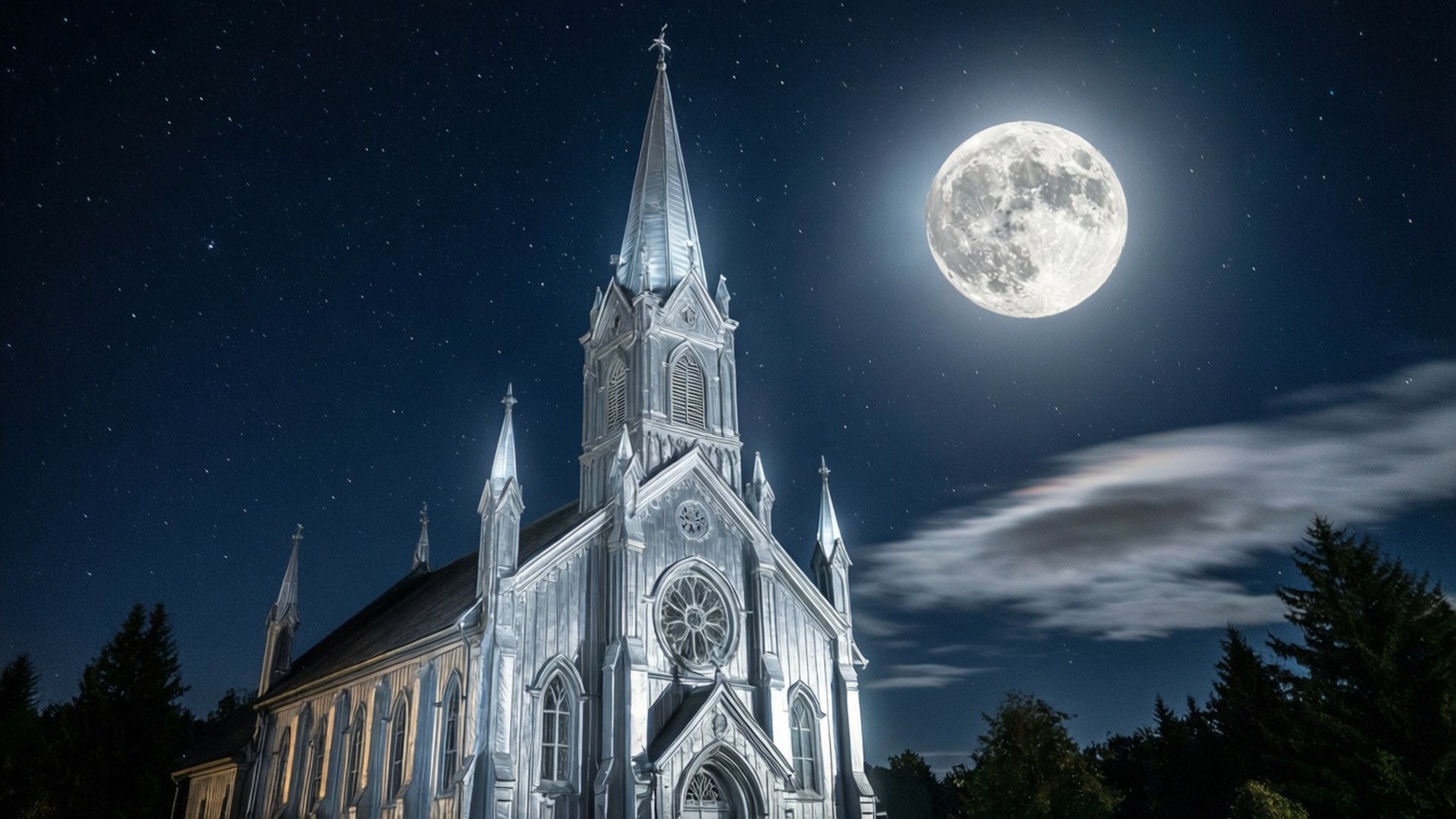 Tyn Church, full moon, starry night sky, Full HD Desktop Wallpaper