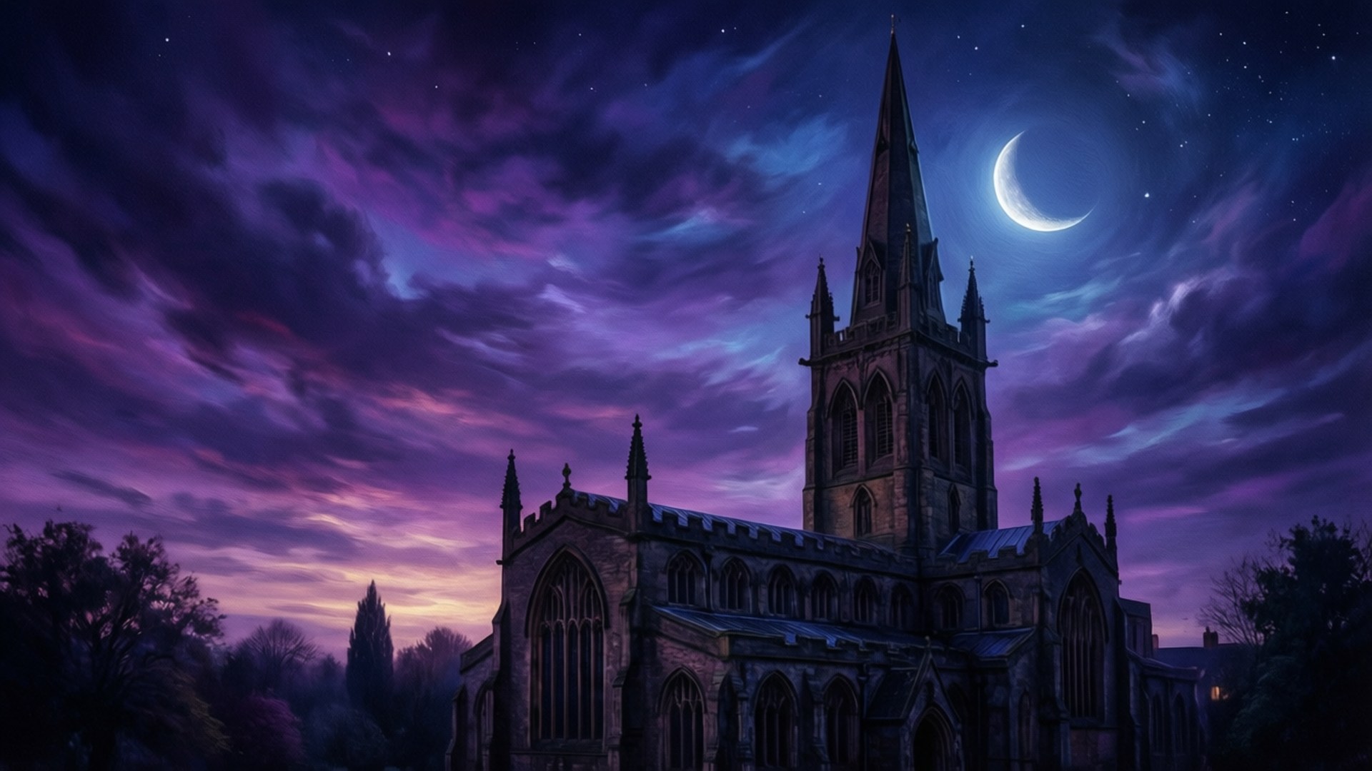 Tyn Church, twilight, moon, Full HD Desktop Wallpaper
